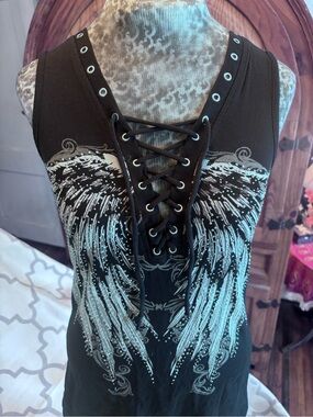 Black Lace-Up Tank Top with Silver Wing Print